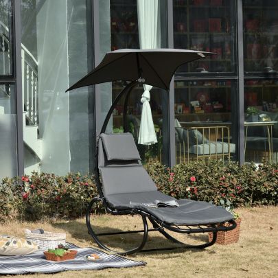 Patio Rocking Chaise Lounge Rocking Bed with Canopy Cushion Headrest Pillow