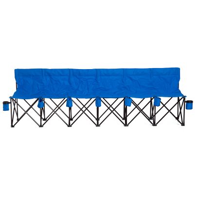 6 Seater Folding Sports Bench Outdoor Picnic Camping Chair Steel Frame w & Cup Holder & Carry Bag  Blue