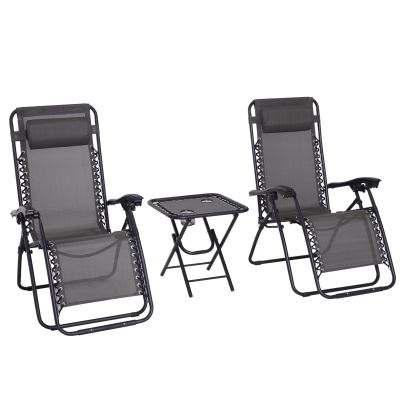 2 Pcs Zero Gravity Chairs Inc Sides Table Steel Frame Texteline Grey