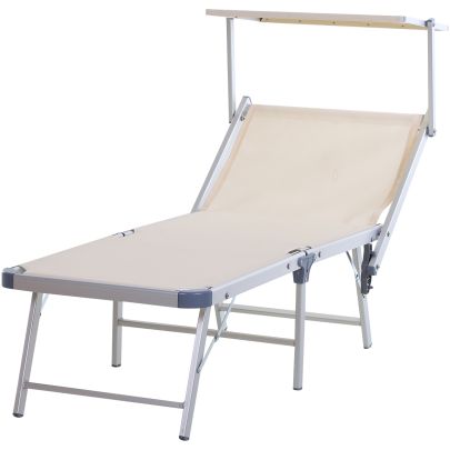 Outdoor Sun Lounger Inc Overhead Canopy Aluminium Adjustable Texteline Seat Beige