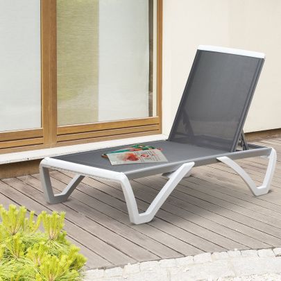 Outdoor Chaise Patio Lounge with 5 Level Adjustable Back Wheels Texteline Grey