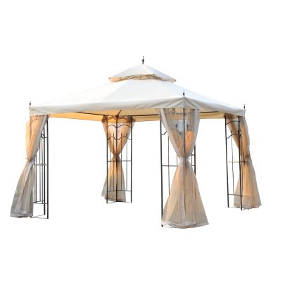 300cmX300cm Garden Gazebo Double Top Gazebo Canopy Inc Mesh Curtain Beige