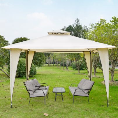 3.5x3.5m Side Less Outdoor Canopy Tent Gazebo Inc 2 Tier Roof Steel Frame Beige