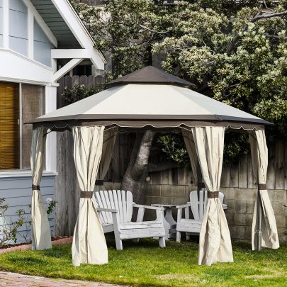 3.4m Steel Gazebo Pavillion for Outdoor with Curtains and 2 Tier Roof