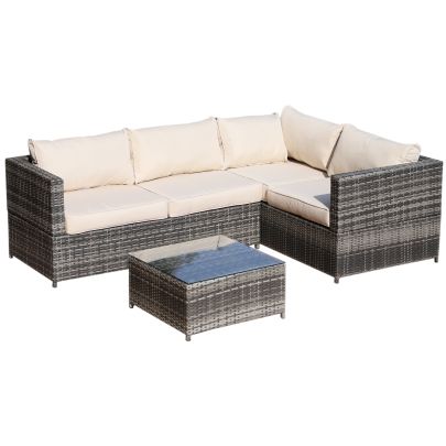 3 Pcs Rattan Dining Sofa Set Inc Cushions Iron Frame Grey & Beige