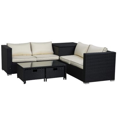 4 pcs Rattan Furniture Sofa Storage Table Set Inc 2 Drawers Corner Table Black