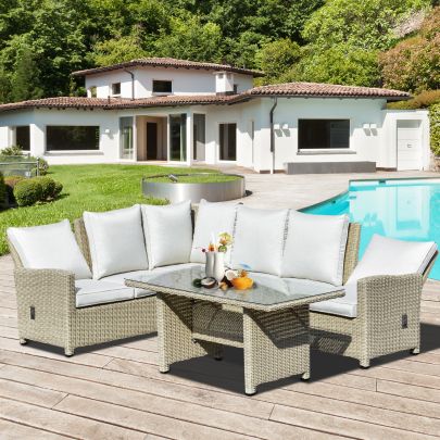 5 PCs Outdoor Rattan L Shape Lounge Sofa Coffee Table Set Conversation Furniture