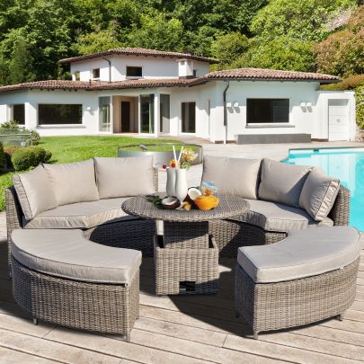 5 PCs Outdoor Rattan Lounge Chair Round Daybed Table Conversation Set Inc Cushion
