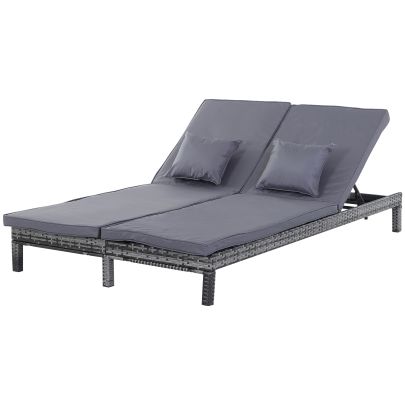 2 Person Rattan Lounger Adjustable Double Chaise Chair Loveseat Inc Cushion Grey