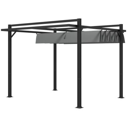 Outsunny 3 x 3(m) Retractable Pergola, Garden Gazebo Shelter with Aluminium Frame, for Grill, Patio, Deck, Dark Grey
