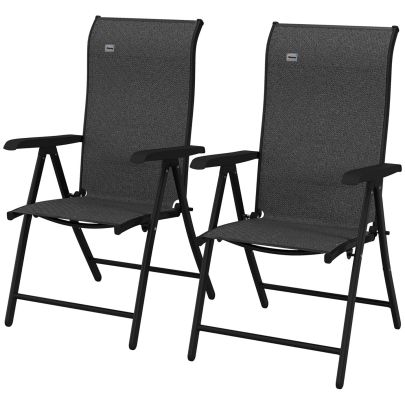 Outsunny Set of 2 Outdoor Wicker Folding Chairs, Patio PE Rattan Dining Armrests Chair set with 7 Levels Adjustable Backrest, for Outdoors, Camping, Grey
