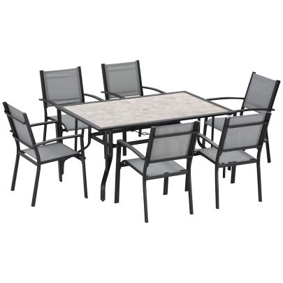 Outsunny 7 Piece Garden Dining Set, Armchairs and Table with Parasol Hole, 6 Seater Outdoor Patio Furniture with Texteline Seat for Backyard, Grey