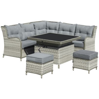 Outsunny 7-Seater Patio PE Rattan Corner Sofa w/ Adjustable Convertible Rising Table, Wicker Sectional Conversation Furniture w/ Cushions, Grey