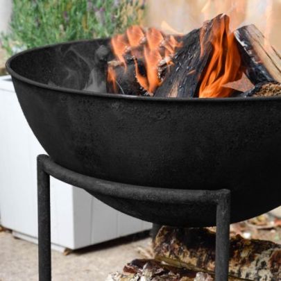 Outdoor Cast Iron Firebowl on Stand in Black Iron