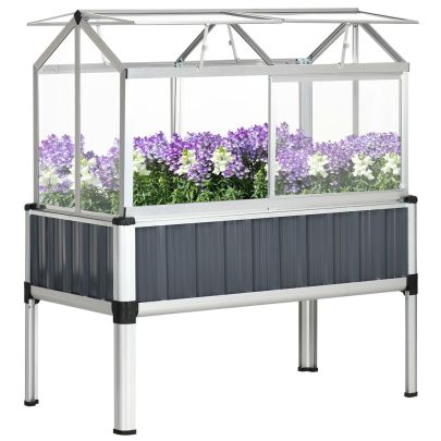 Outsunny Galvanised Steel Raised Beds for Garden with Greenhouse, Raised Planters with Cover and Openable Windows