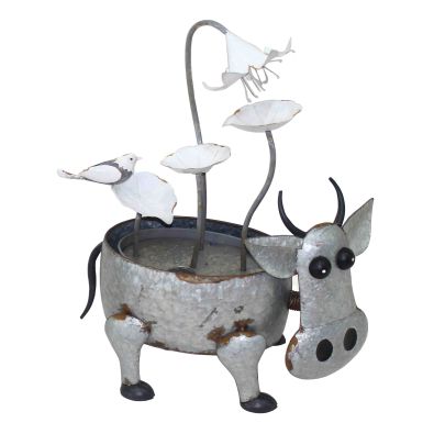 Aqua Creations Solar  Metal Cow with Flowers Modern Metal Water Feature