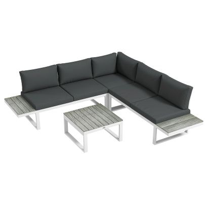 Outsunny 4 Pieces Patio Garden Set with 5-Level Recline Corner Sofa, Outdoor Garden Lounge Sectional Conversation Sofa Set with Cushions, Wood Grain Plastic Table, White