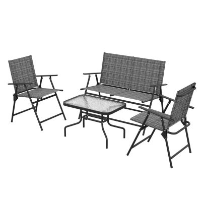 Outsunny Outdoor?4 Pieces Patio Furniture Set with Breathable Mesh Fabric?Seat & Backrest,?Garden Set with Two Foldable Armchairs, a Loveseat &?Glass?Top?Table, Mixed Grey