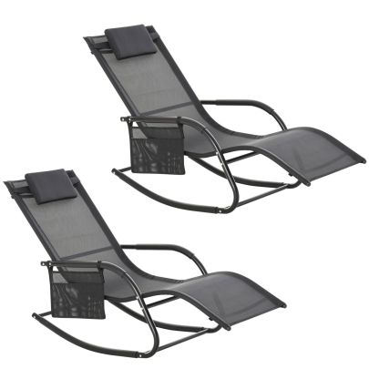 Outsunny 2PCs Outdoor Garden Rocking Chair, Patio Sun Lounger Rocker Chair with Breathable Mesh Fabric, Removable Headrest Pillow, Armrest, Side Storage Bag, Black