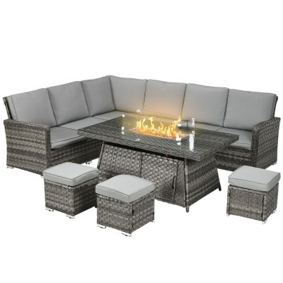 Outsunny 9-Seater PE Rattan Garden Furniture Set, 50,000 BTU Gas Fire Pit Table, Double Corner Sofa, 3 Footstools, Grey