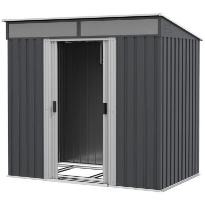 Outsunny 6.5 x 4FT Galvanised Metal Shed with Foundation, Lockable Tool Garden Shed with Double Sliding Doors and 2 Vents, Grey