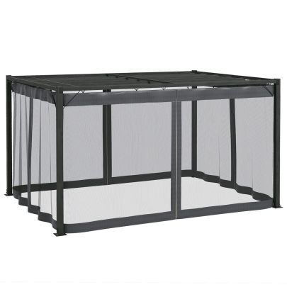 Outsunny 3 x 4m Retractable Pergola, Garden Gazebo Shelter with Nettings, for Grill, Patio, Deck, Dark Grey