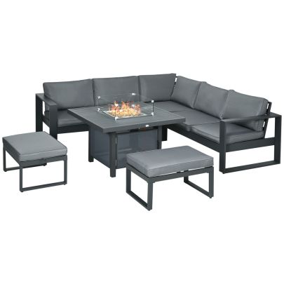 Outsunny 6-Piece Aluminium Garden Furniture Set, Outdoor Conversational Corner Sofa Loveseat Footstool Sectional w/Gas Fire Pit Table for Yard Grey