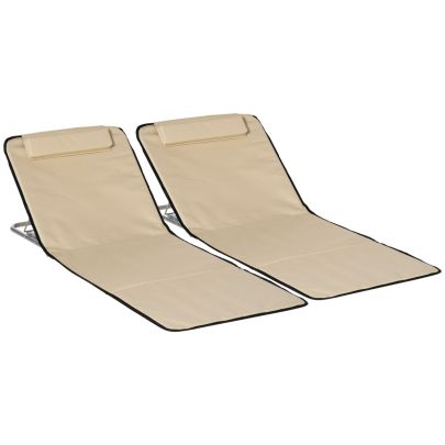 Outsunny Set of 2 Foldable Garden Beach Chair Mat Lightweight Outdoor Sun Lounger Seats Adjustable Back Metal Frame PE Fabric Head Pillow, Beige
