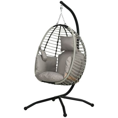 Outsunny Outdoor Swing Chair with Thick Padded Cushion, Patio Hanging Chair with Metal Stand, Foldable Basket, Cup Holder, Rope Structure, for Indoor & Outdoor, Grey
