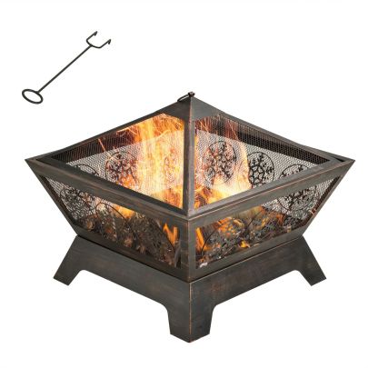Outsunny Outdoor Fire Pit, Metal Square Firepit Bowl with Spark Screen, Poker for Patio, BBQ, Camping, 61 x 61 x 52cm, Black