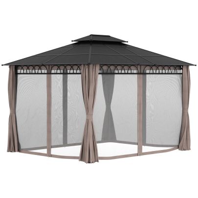 Outsunny 3.6 x 3 (m) Outdoor Polycarbonate Gazebo, Double?Roof Hard Top Gazebo with Nettings?&?Curtains for Garden, Lawn, Patio