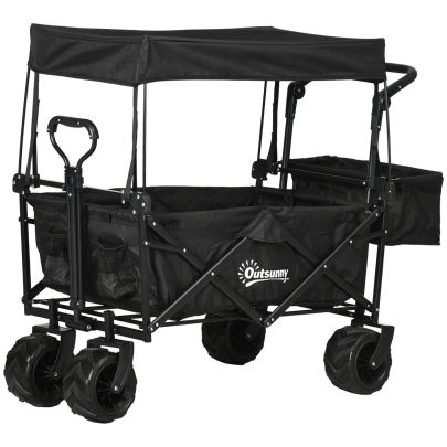 Outsunny Folding Trolley Cart Storage Wagon Beach Trailer 4 Wheels with Handle Overhead Canopy Cart Push Pull for Camping, Black