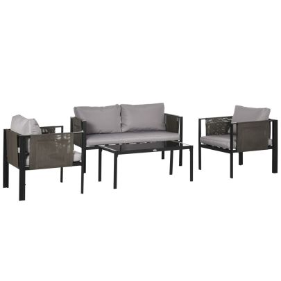 Outsunny 4 Piece Metal Garden Furniture Set with Tempered Glass Coffee Table, Patio Set Loveseat, Single Armchairs with Padded Cushions, Light Grey
