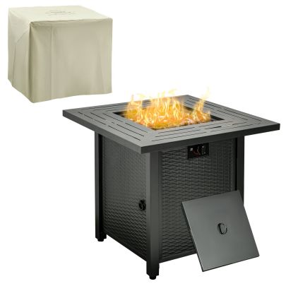 Outsunny Square Propane Gas Fire Pit Table, 40000 BTU Rattan Smokeless Firepit Patio Heater w/ Protective Cover, Lava Rocks and Lid, 71x71x62cm, Black