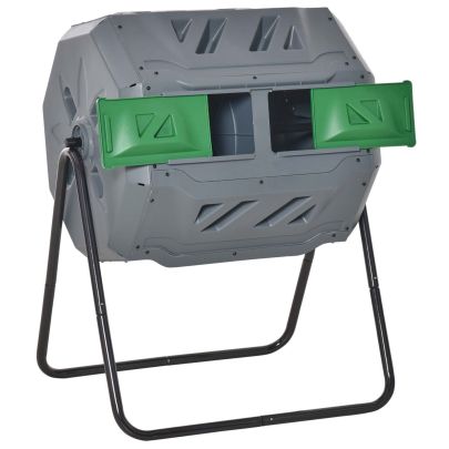 Outsunny 160L Tumbling Compost Bin Outdoor Dual Chamber 360? Rotating Composter w/ Sliding Doors & Solid Steel Frame, Grey