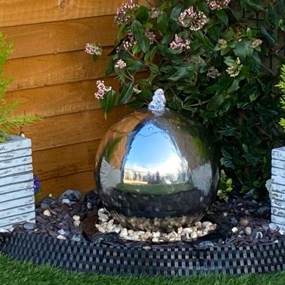 30cms Stainless Steel Sphere Modern Water Feature Solar Powered