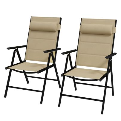 Outsunny Set of 2 Patio Folding Chairs with Adjustable Back, Aluminium Dining Chairs with Breathable Mesh Fabric Padded Seat and Backrest, Headrest for Outdoor Garden Lawn, Khaki