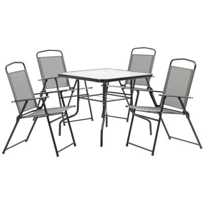 Outsunny 5 Piece Garden Dining Set Outdoor Dining Furniture 4 Folding Chairs, Glass Top Table with Parasol Hole, Texteline Seats, Black
