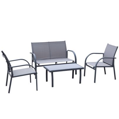 Outsunny 4 pcs Curved Steel Patio Furniture Set w/ Loveseat, Texteline Seats, Glass Top Table For Party Event, Grey