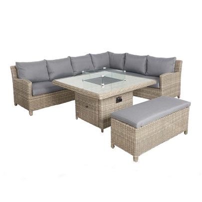 Wentworth Single Weave Premium Rattan 7 Seater Corner Dining Set With Square Firepit Table In Brown