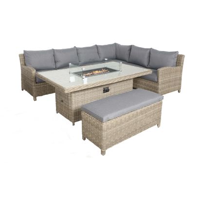 Wentworth Single Weave Premium Rattan 7 Seater Corner Dining Set With Rectangle Firepit Table In Brown