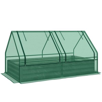 Outsunny Metal Planter Box with Cover, Raised Garden Bed with Greenhouse, for Herbs and Vegetables, Green and Dark Grey