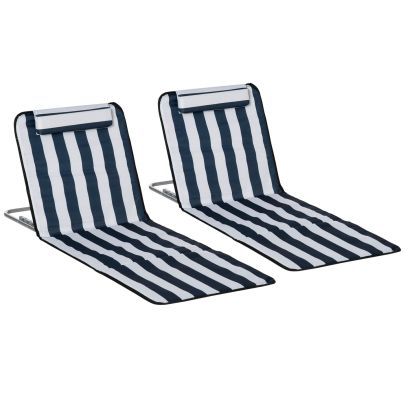 Outsunny Set of 2 Foldable Garden Beach Chair Mat Lightweight Outdoor Sun Lounger Seats Adjustable Back Metal Frame PE Fabric Head Pillow, Blue
