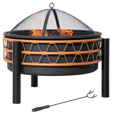 Outsunny Outdoor Fire Pit, Metal Round Firepit Bowl, Charcoal Log Wood Burner with Screen Cover, Poker for Patio, BBQ, Camping, 64 x 64 x 58cm, Black