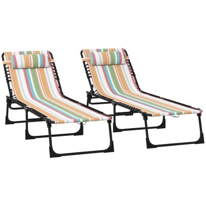 Outsunny 2 Pcs Folding Sun Lounger Beach Chaise Chair Garden Cot Camping Recliner with 4 Position Adjustable Multicolored