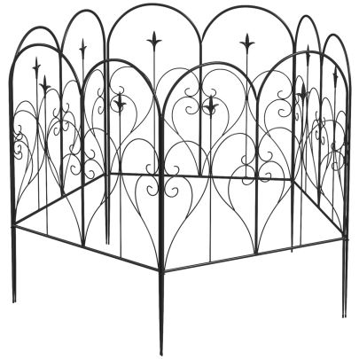 Outsunny Metal Decorative Outdoor Picket Fence Panels Set of 5, Heart-shaped Scrollwork, Black