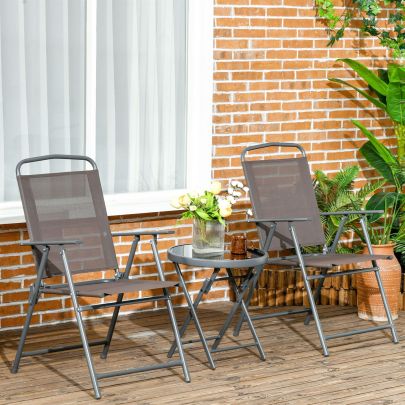 Outsunny 3 Pcs Garden Table and Chairs, Outdoor Bistro Set, Patio Conversation Furniture Set w/ Foldable Armchairs & Glass Top Coffee Table, Brown