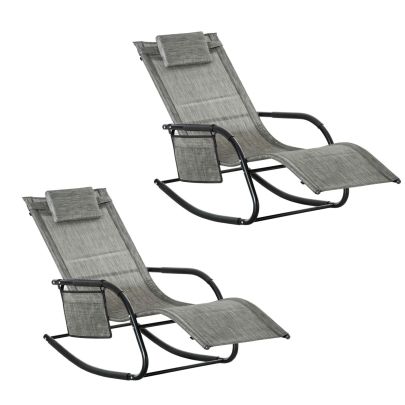 Outsunny 2PCs Outdoor Garden Rocking Chair, Patio Sun Lounger Rocker Chair with Breathable Mesh Fabric, Removable Headrest Pillow, Armrest, Side Storage Bag, Dark Grey