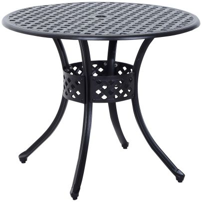 Outsunny 85cm Round Garden Table with Umbrella Hole, Aluminium Grid Motif Outdoor Dining Table for Garden Patio, Black