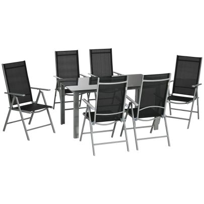 Outsunny 7 Piece Garden Dining Set, Outdoor Table and 6 Folding and Reclining Chairs, Aluminium Frame, Tempered Glass Top Table Texteline Seats Black